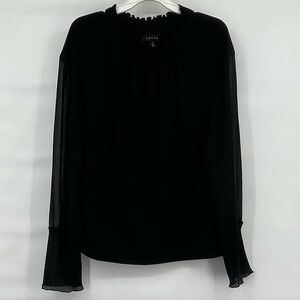 Adiva black sheer long sleeve ruffle neck blouse